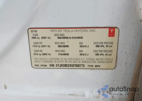 2016 Tesla Model X 60D/70D/75D/90D/P100D from USA, damaged, VIN 5YJXCBE2XGF008775